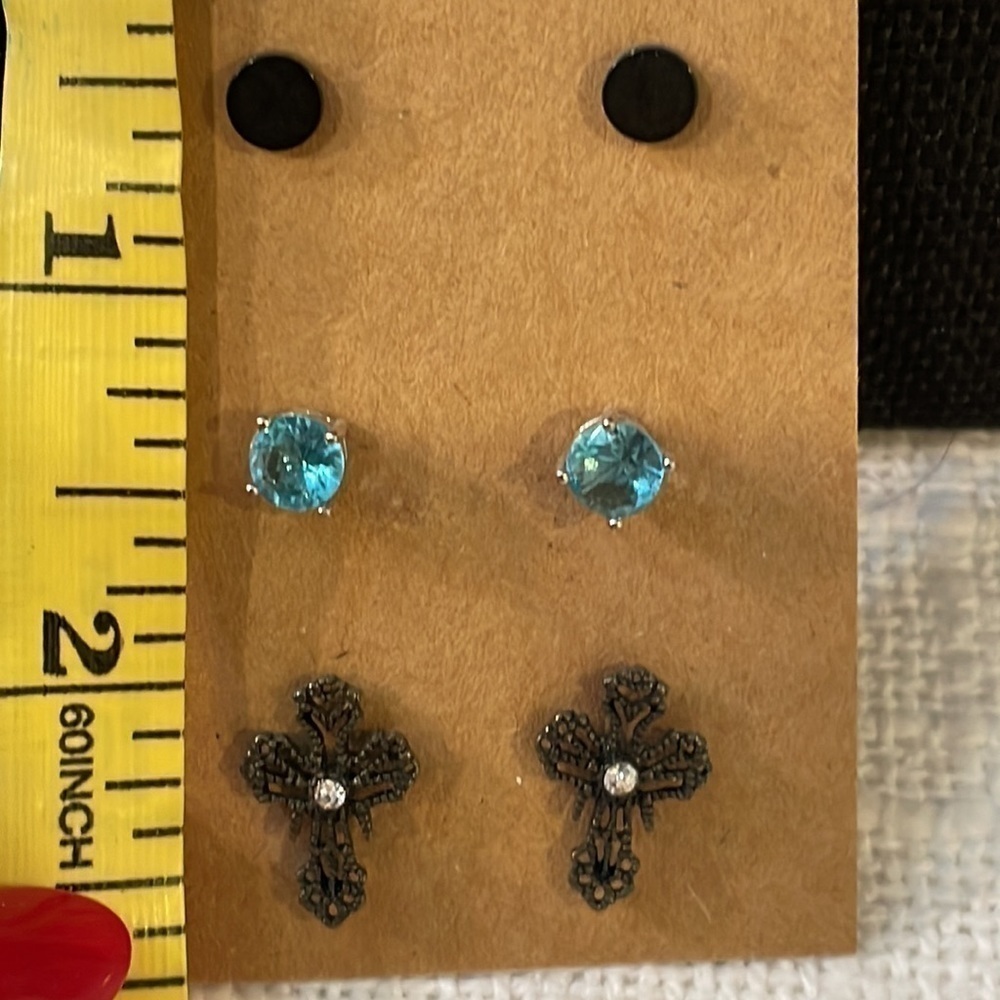 💐5/25 3 pair lot bundle black lace cross blue cz crystal stud black flat disc - Picture 4 of 8
